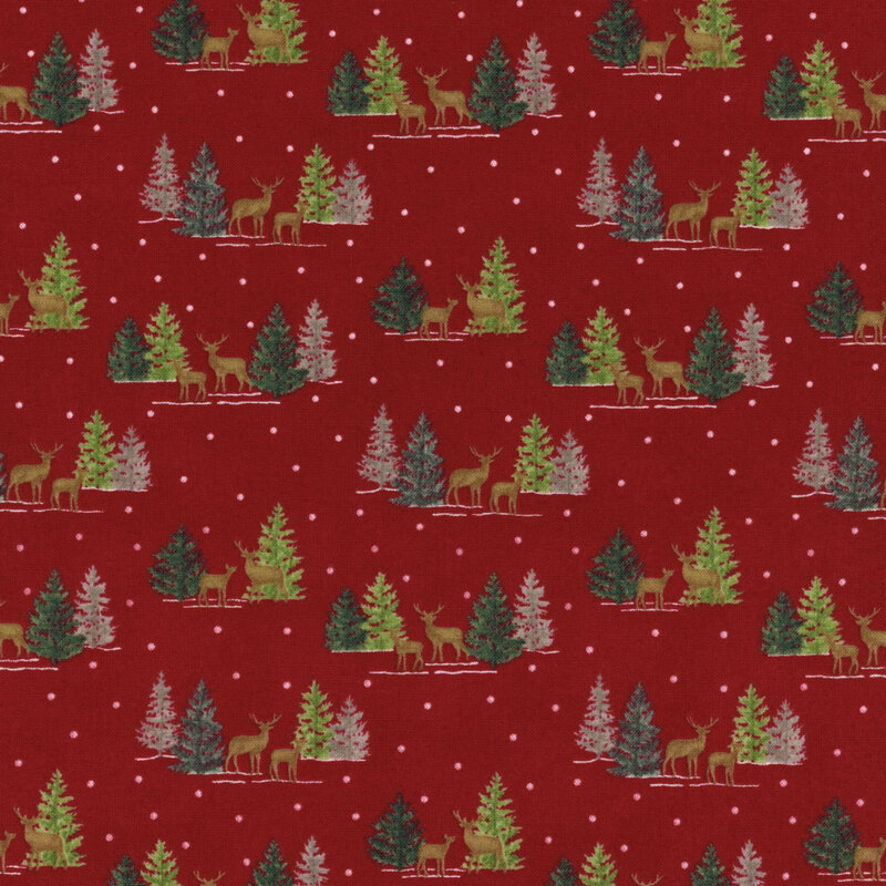 lovely red fabric with little scenes of deer standing amidst fir trees