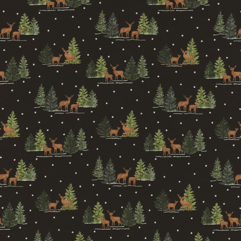 lovely black fabric with little scenes of deer standing amidst fir trees