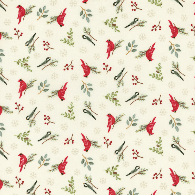 beautiful cream fabric with scattered snowflakes, branches, cardinals, and little black and white birds