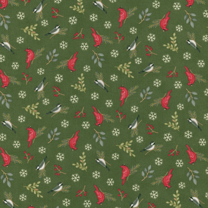 beautiful deep green fabric with scattered snowflakes, branches, cardinals, and little black and white birds