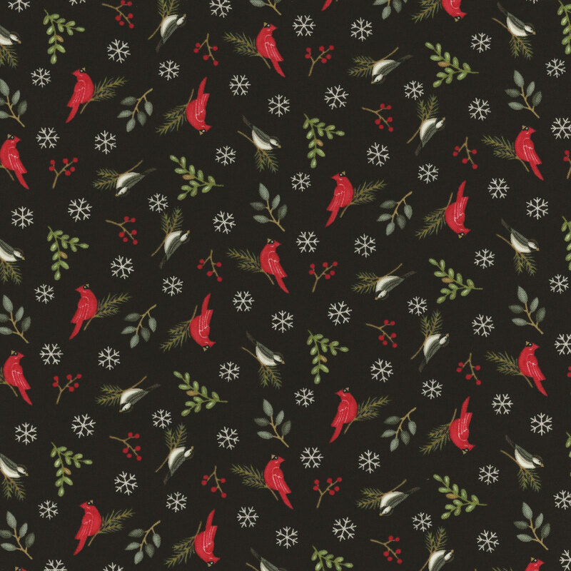 beautiful black fabric with scattered snowflakes, branches, cardinals, and little black and white birds
