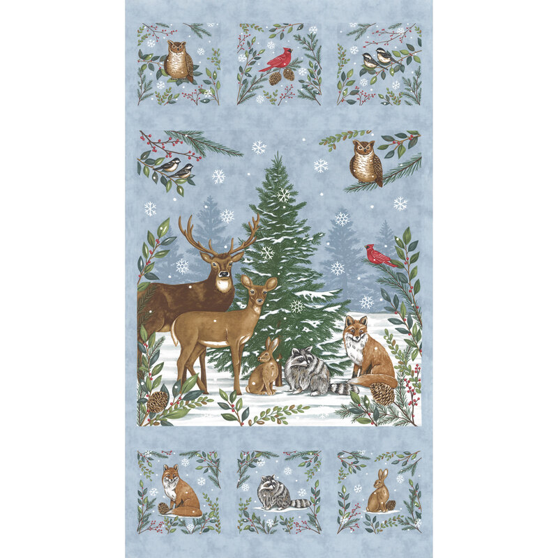 digital image of light blue fabric panel with a central snowy forest scene, including deer, birds, a rabbit, a fox, and a racoon, and 6 tree bough surrounded squares featuring the various woodland creatures