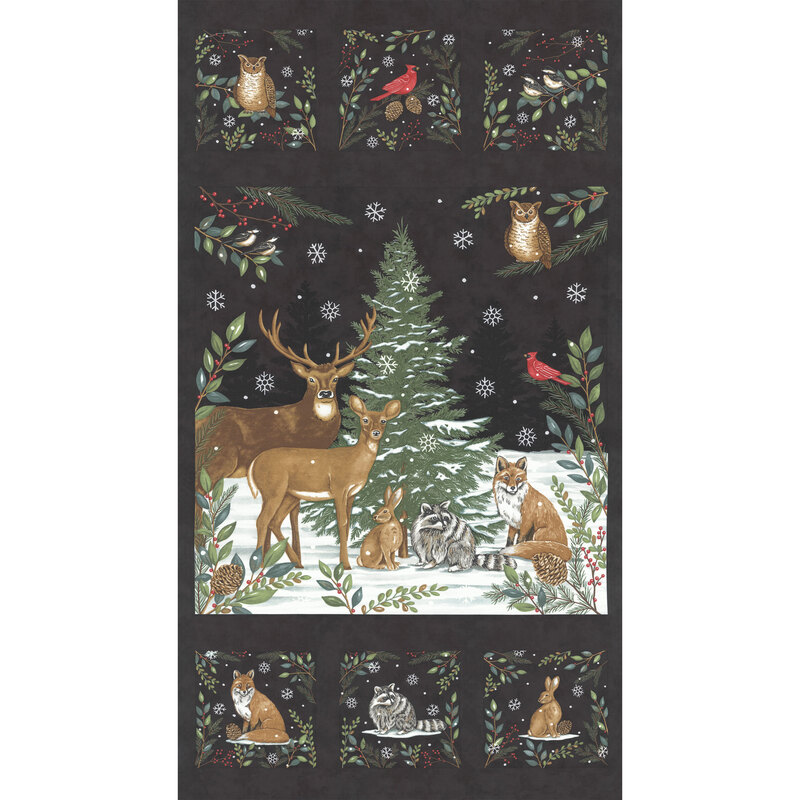 digital image of black fabric panel with a central snowy forest scene, including deer, birds, a rabbit, a fox, and a racoon, and 6 tree bough surrounded squares featuring the various woodland creatures