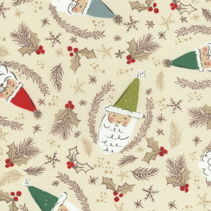 cream fabric with scattered blue, green, and red Santa heads, interspersed with holly, fir boughs, and snowflakes