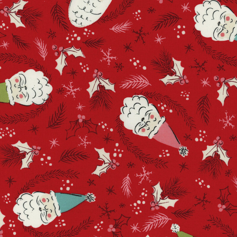 fun vibrant red fabric with scattered blue, green, and pink Santa heads, interspersed with holly, fir boughs, and snowflakes