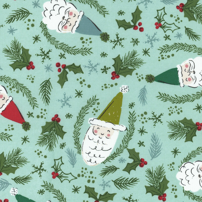 aqua fabric with scattered blue, green, and red Santa heads, interspersed with holly, fir boughs, and snowflakes