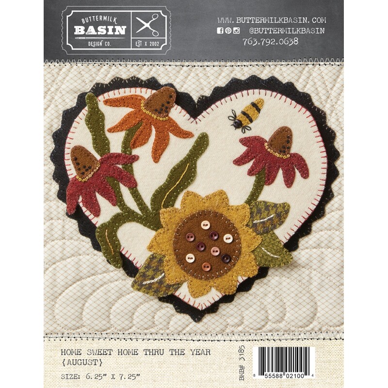 Front of pattern with finished heart featuring a sunflower, three coneflowers, and a buzzing bumblebee!