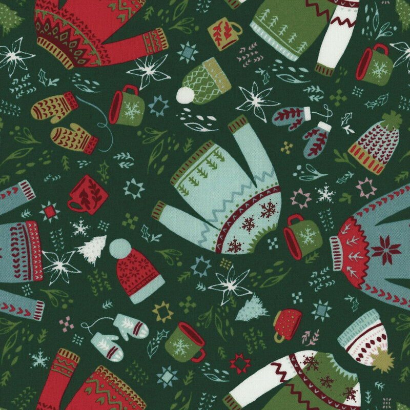 pine green fabric with scattered mugs, Christmas sweaters, beanies, and mittens in shades of cream, red, green, and aqua