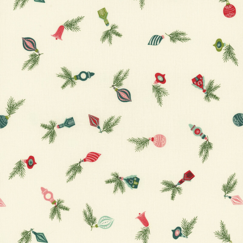 cream fabric with scattered Christmas ornaments in shades of pink, red, green, and aqua
