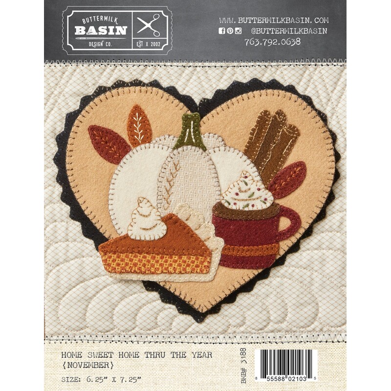 Front of pattern with finished heart featuring a thanksgiving bounty!