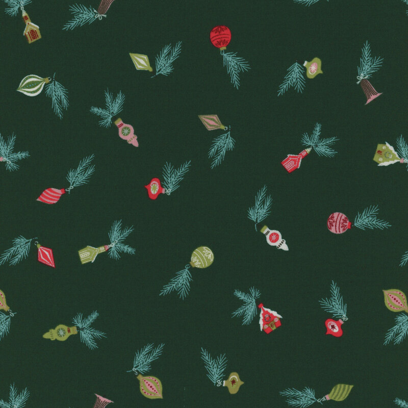 pine green fabric with scattered Christmas ornaments in shades of pink, red, green, and white