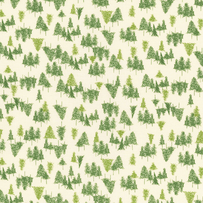 cream fabric with scattered green fir trees