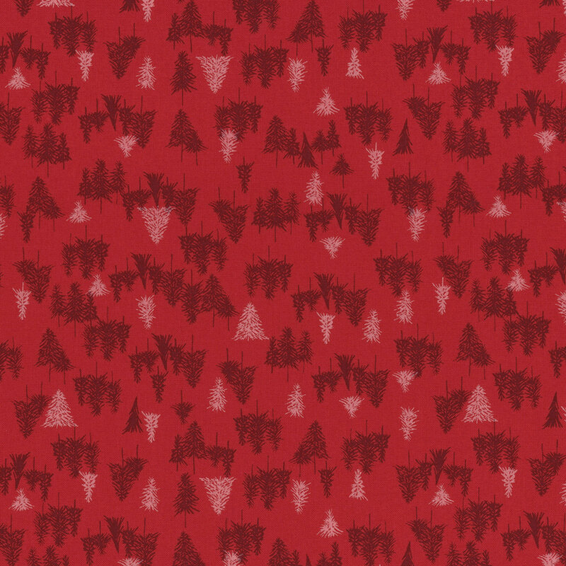 red fabric with scattered burgundy and pink fir trees