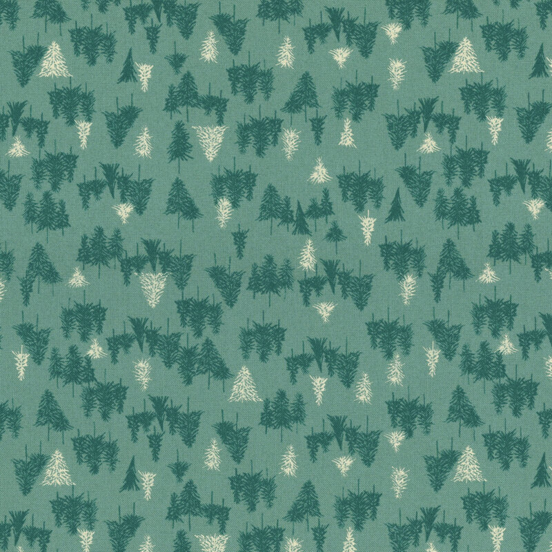 teal fabric with scattered dark teal and cream fir trees