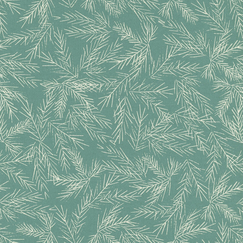 muted aqua fabric with scattered cream fir boughs
