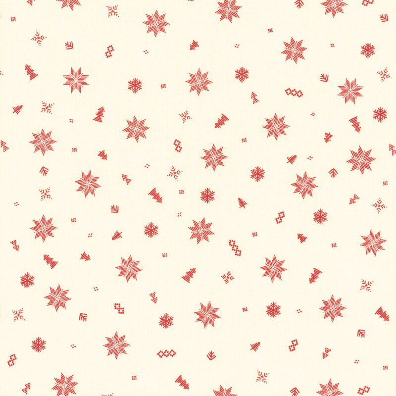 white fabric with scattered embroidery style red snowflakes, quilting stars, and trees