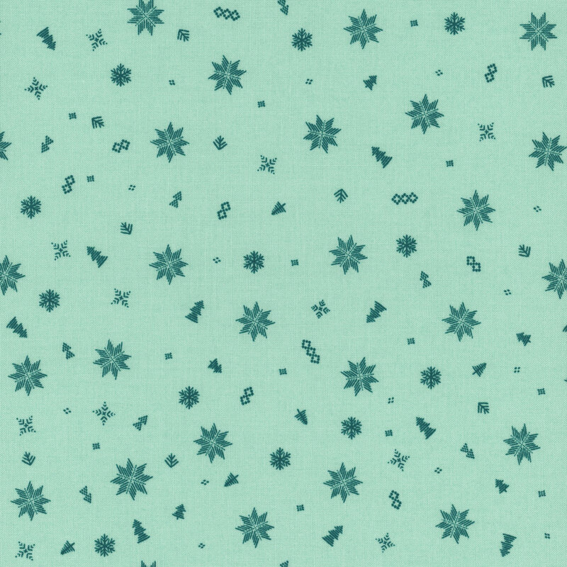 aqua fabric with scattered embroidery style teal snowflakes, quilting stars, and trees