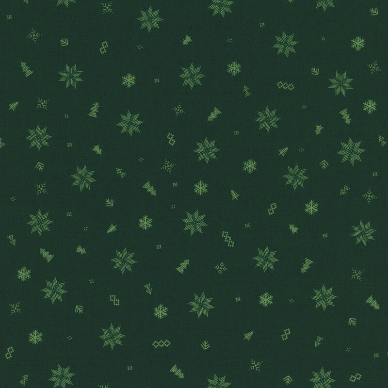 pine green fabric with scattered embroidery style light green snowflakes, quilting stars, and trees