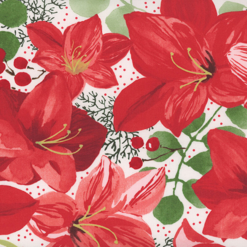 lovely red poinsettias pop against the white background fabric with small red dots