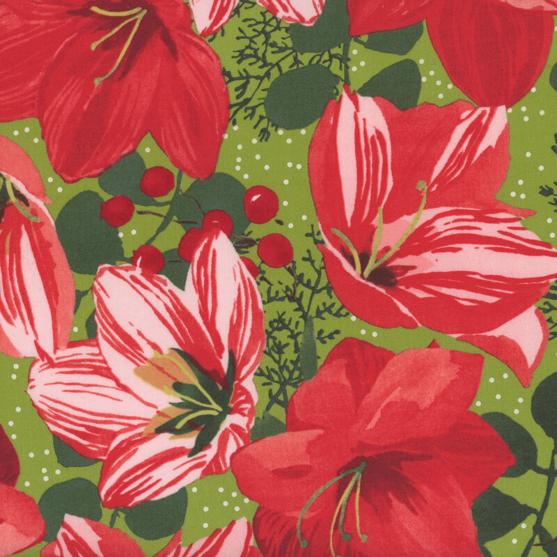 lovely red poinsettias pop against the vivid green background fabric with small white dots