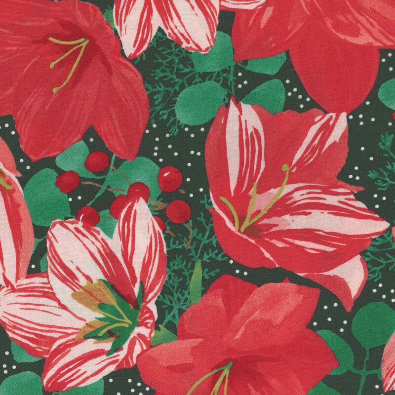 lovely red poinsettias pop against the deep teal background fabric with small white dots