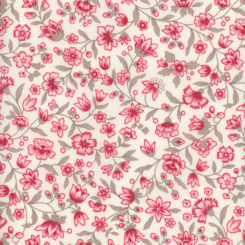 fabric with vines and pink flowers on a cream background 