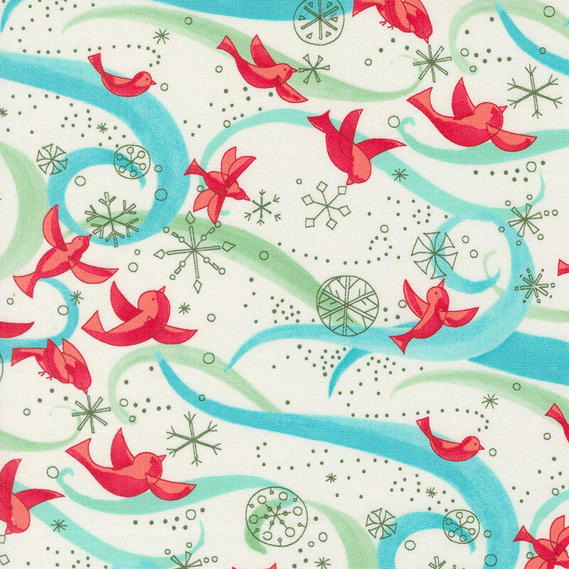 red cardinals flying amidst green snowflake outlines pop against the white background fabric with aqua and light green swirls