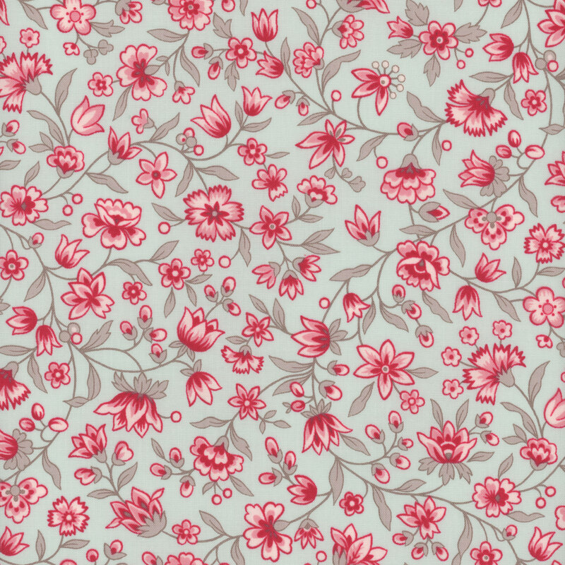 fabric with vines and pink flowers on a light blue background 