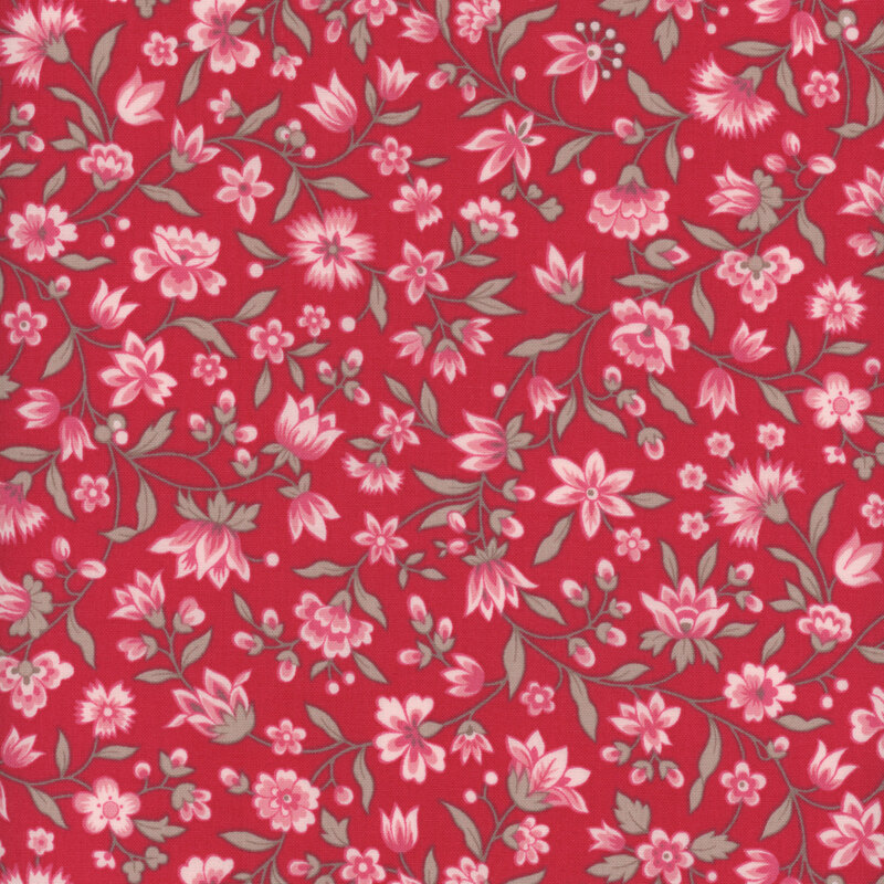 fabric with vines and pink flowers on a red background 