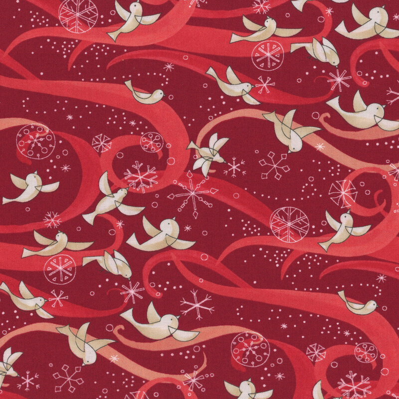 white doves flying amidst white snowflake outlines pop against the vivid red background fabric with red and orange swirls