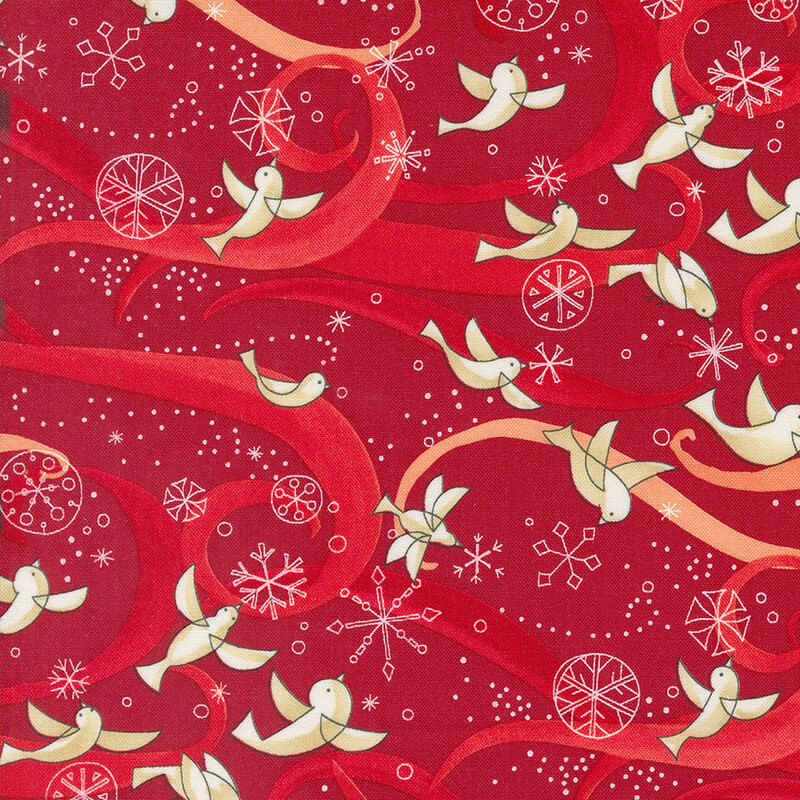 white doves flying amidst white snowflake outlines pop against the vivid red background fabric with red and orange swirls
