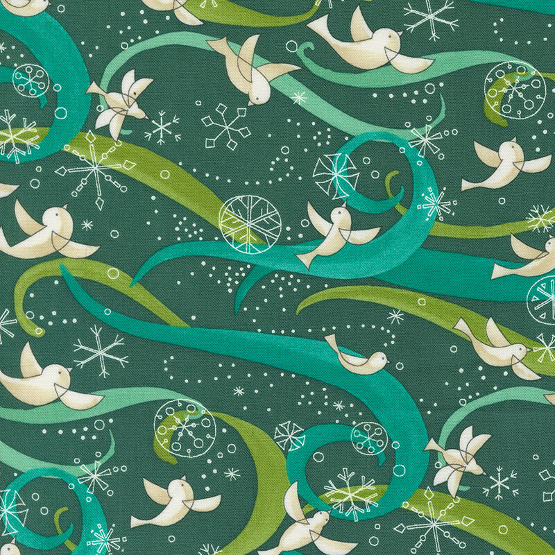 white doves flying amidst white snowflake outlines pop against the deep teal background fabric with teal and light green swirls