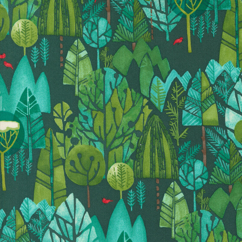 vibrant teal, green, and aqua trees contrast beautifully with the dark teal background, accented by the occasional red cardinal
