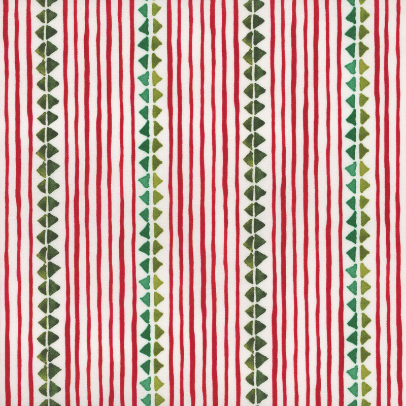 lovely white fabric with thin red striping and teal and green triangle stripes