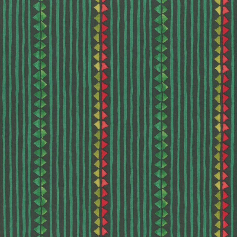 lovely teal fabric with thin bright teal striping and green and red triangle stripes