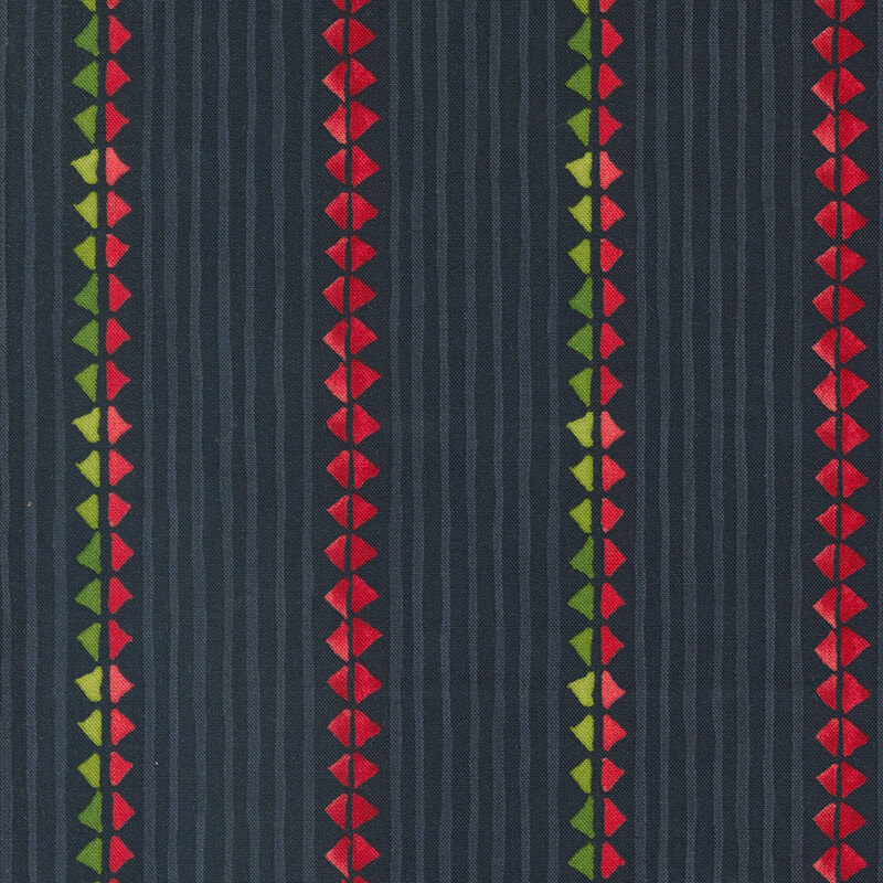 lovely black fabric with thin charcoal striping and green and red triangle stripes