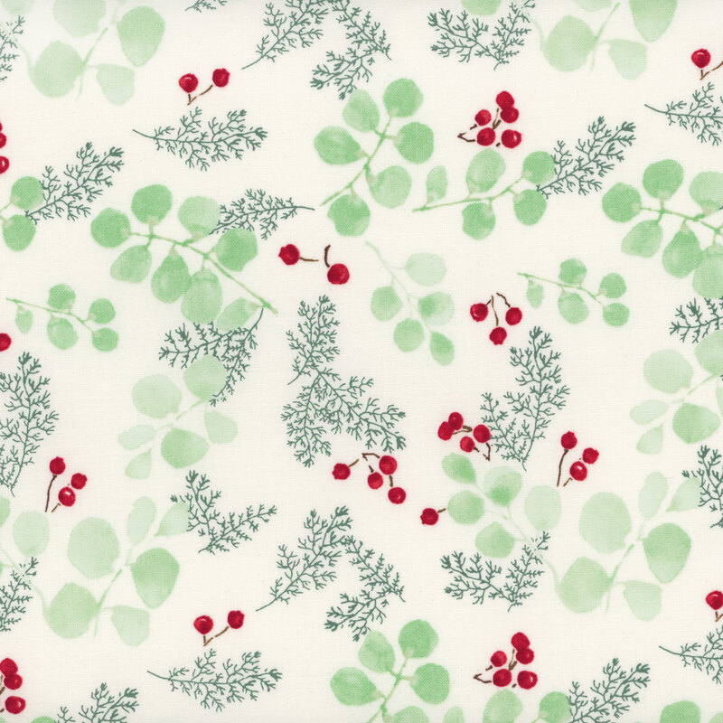 lovely soft cream fabric with scattered light green eucalyptus leaves, teal fir fronds, and vivid red holly berries