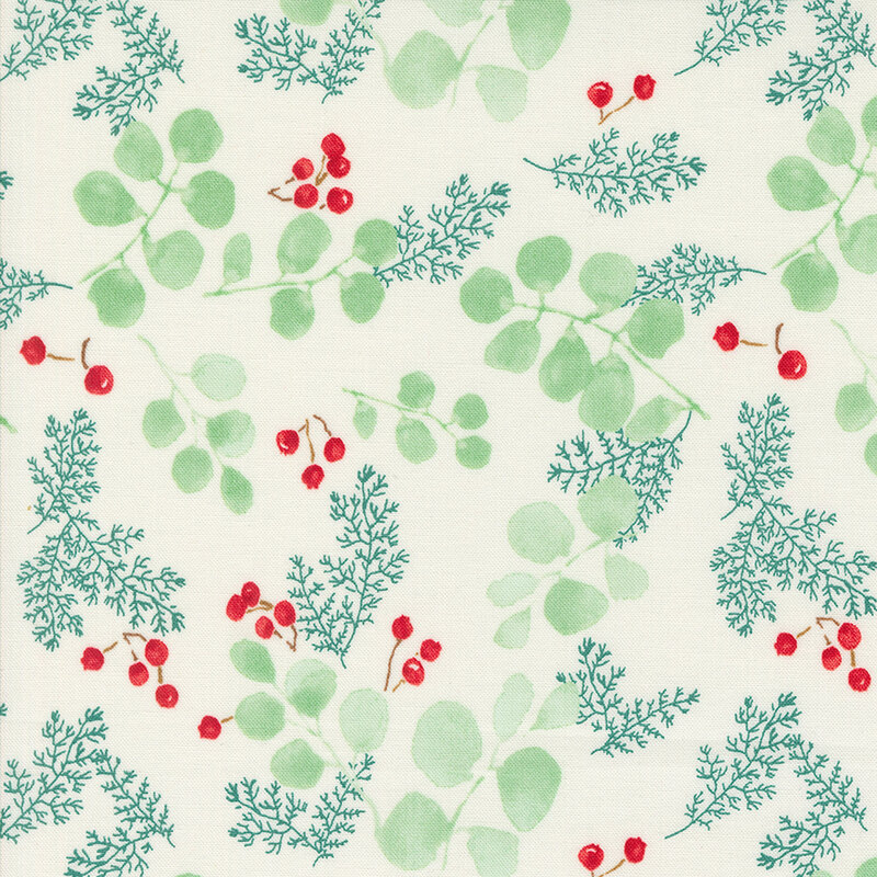 lovely soft cream fabric with scattered light green eucalyptus leaves, teal fir fronds, and vivid red holly berries