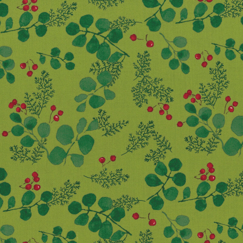 lovely vivid leaf green fabric with scattered teal eucalyptus leaves, forest green fir fronds, and vivid red holly berries