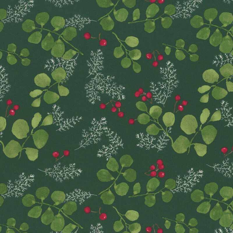 lovely deep forest green fabric with scattered green eucalyptus leaves, white fir fronds, and red holly berries