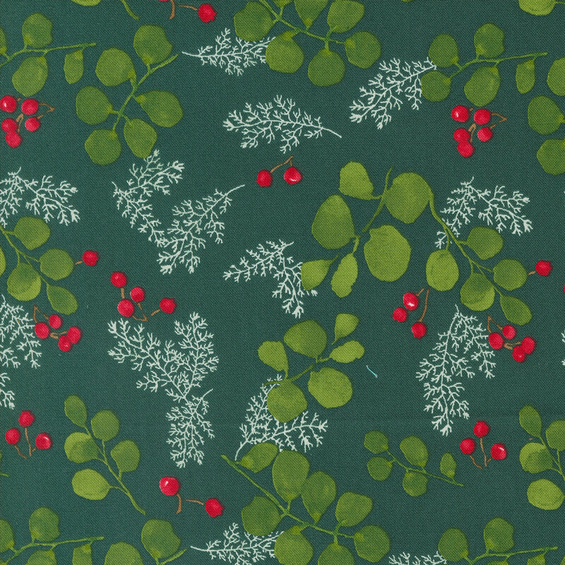 lovely deep forest green fabric with scattered green eucalyptus leaves, white fir fronds, and red holly berries
