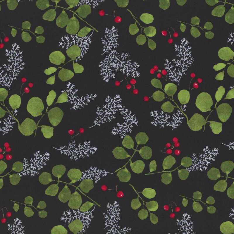 lovely black fabric with scattered green eucalyptus leaves, white fir fronds, and red holly berries