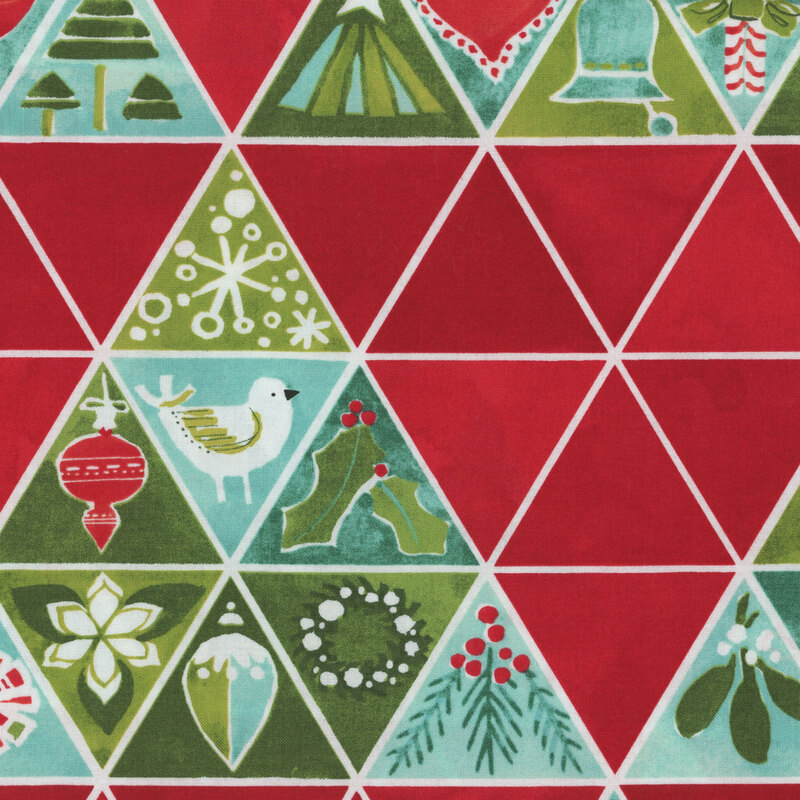 fun red geometric fabric with a large triangle design featuring different winter and Christmas images, such as a Christmas tree, snowflakes, and a dove