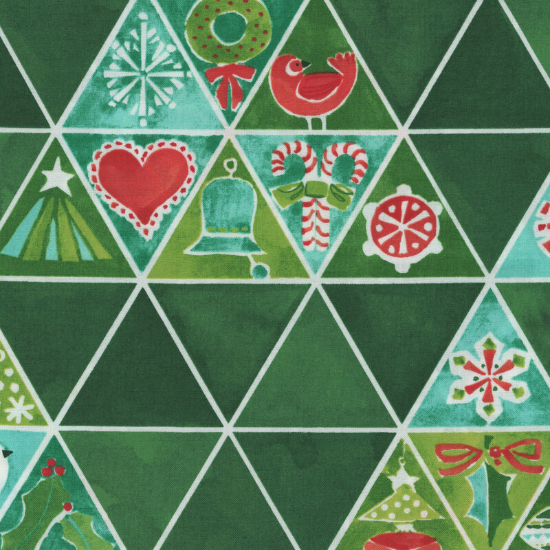 fun teal geometric fabric with a large triangle design featuring different winter and Christmas images, such as a Christmas tree, snowflakes, and a dove