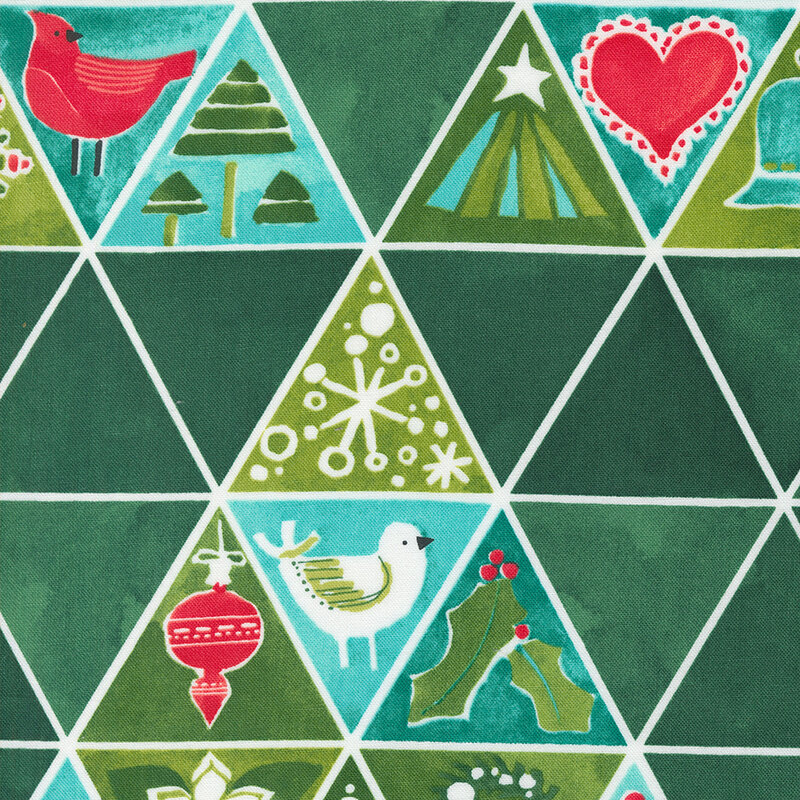 fun teal geometric fabric with a large triangle design featuring different winter and Christmas images, such as a Christmas tree, snowflakes, and a dove