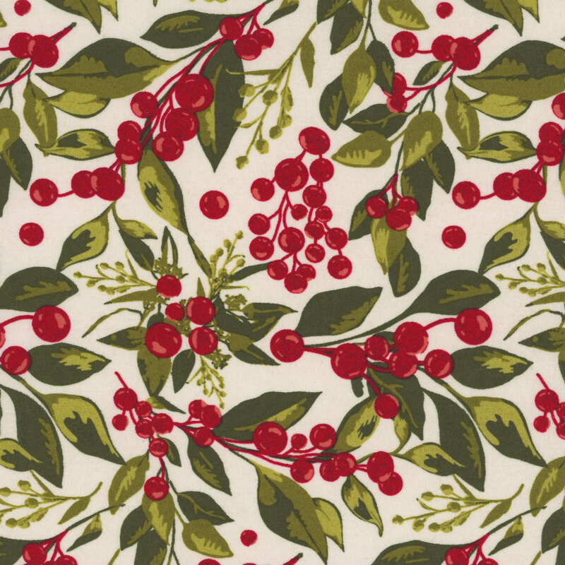 lovely white fabric with packed green leaves and vivid red berries