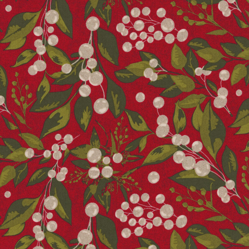 lovely red fabric with packed green leaves and white berries