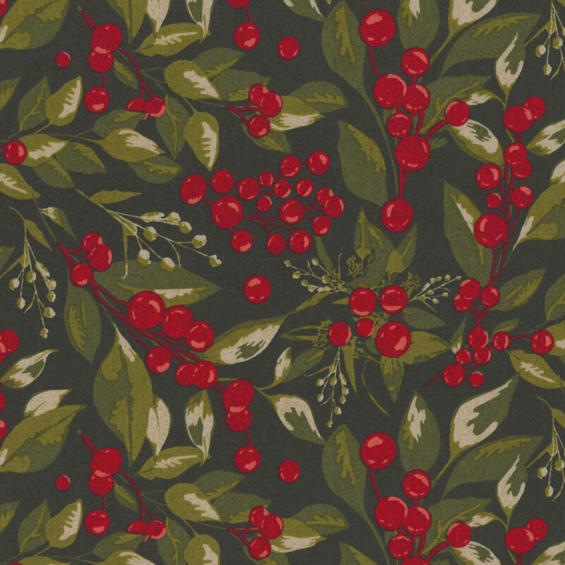 lovely dark green fabric with packed green leaves and vivid red berries
