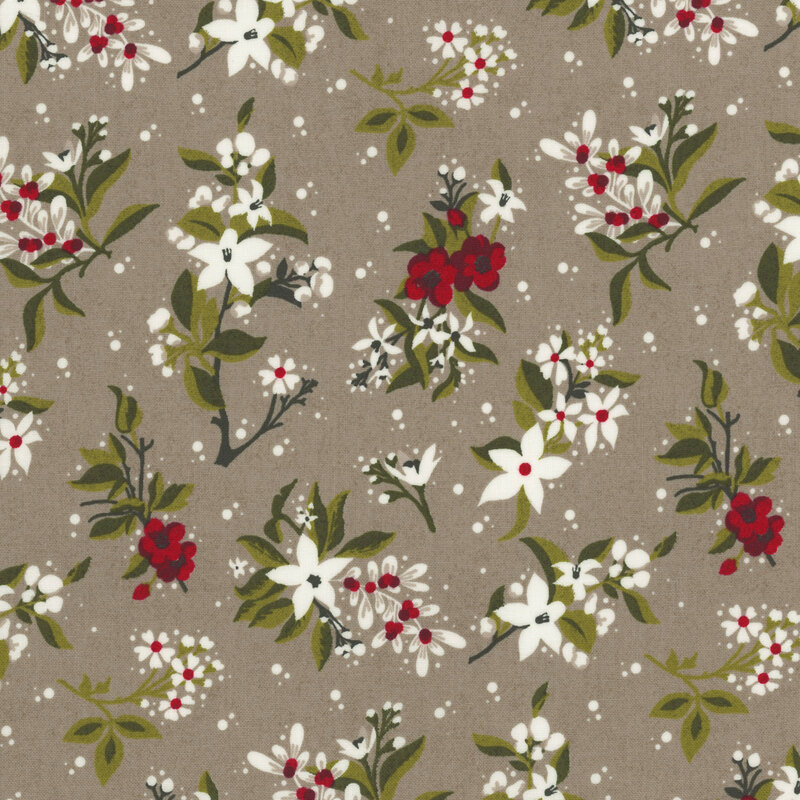 gorgeous warm taupe fabric with scattered red and white flowers, green leaves, and tossed white dots