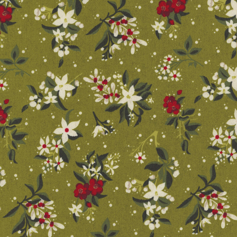 gorgeous leaf green fabric with scattered red and white flowers, green leaves, and tossed white dots